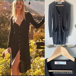 Free People Beach Black Ribbed Up Maxi Cardigan small black